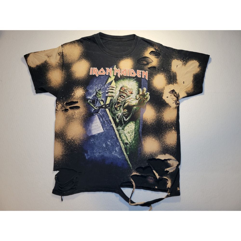 Iron Maiden Distressed‎ Bleached Faded Heavy Metal Band Tee Shirt Mens L Black